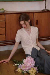 SimpleRetro French Style V-Neck Hollow out Knitted Short Sleeve Open Cardigan White Top for Women Summer Commute Essential