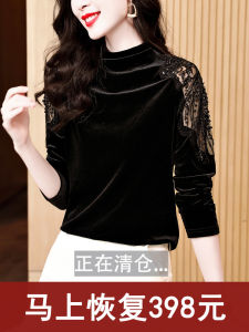 เสื้อยืดผู้หญิงคอปกสูง แขนยาว ผ้ากำมะหยี่ทอง ทรงเข้ารูป แฟชั่นฤดูใบไม้ร่วง/ฤดูหนาว เสื้อเชิ้ตสไตล์เกาหลี