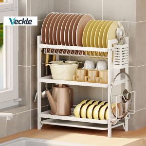 Veckle 2/3-Tier Carbon SteelDish Drainer Rack Kitchen Organizer Dish Draining Rack