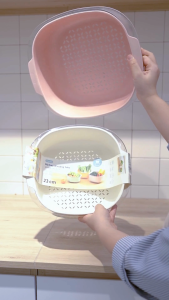 Inochi Yoko Square Basket Set – Stackable Food Strainer with Antibacterial Design – 27cm & 23cm