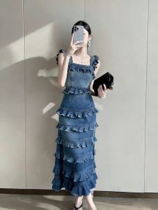 Elegant French Style Sleeveless Denim Dress Blue