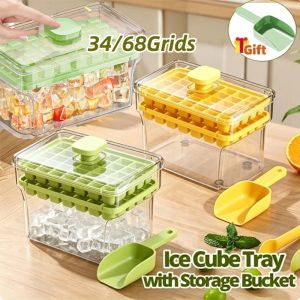 Portable Ice Cube Tray Press Ice Maker with Large Capacity Storage Bucket Ice Cube Mold for Freezer