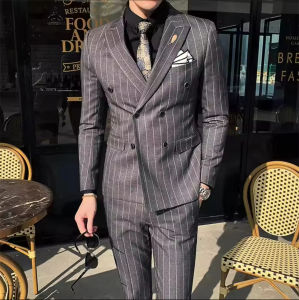 Mens Stripe Suit Set Slim Fit 2 Piece Double-breasted Business Formal Wedding Groomman Pinstripe Men Clothe Blazer+Pant
