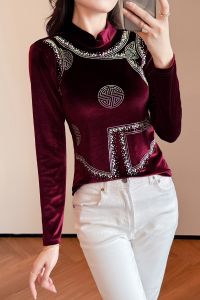 REHIN Luxury Velvet Rhinestone Long Sleeve Top Women Elegant Slim Fit Original Design Blouse (S-4XL)