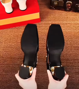 #616 New French Metal Square toe thick heel slip on sandals