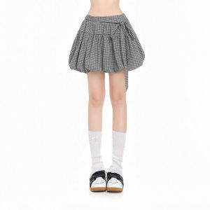 Vintage Bow-tie Plaid A-line Short Skirt