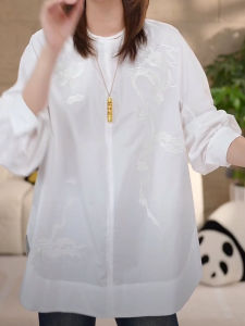 New Chinese Style Heavy Embroidery round Neck Long Sleeve Cotton Shirt Womens Loose Fit Pure Cotton Shirt Autumn Seasonal New