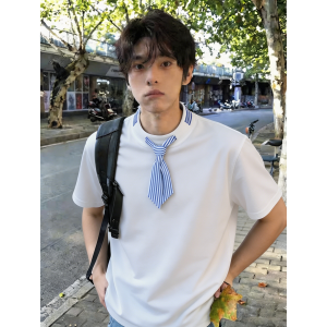 OUMULONG | American Street Style Bow Tie Squared Scarf Patchwork T-Shirt