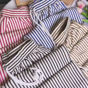 Quần Dài Nữ Kẻ Sọc Ống Rộng Quần Ống Suông Form Xinh Cạp Chun Có Dây Rút Chất Đũi Xốp Thoáng Mát