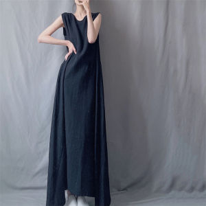 Slightly Large Size Dress Womens Summer Normcore round Neck Long Vest Dress Elegance Sleeveless Asymmetrical Hem Shirtdress