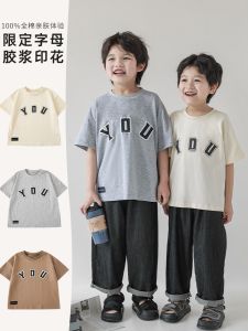 Yoehyaul Childrens T-shirt round Neck Short Sleeve Letter Screen Print Casual Top for Boys Summer New Style Label Attached