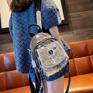 Shiny Sequin Womens Backpack 2024 New Fashionable Small Casual Personality Rivet Single Shoulder Bag Soft Polyester Cotton Lining