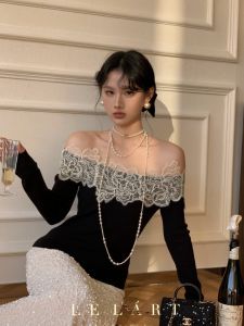 Áo Len Dệt Kim Một Bên Vai Thêu Ren Thanh Lịch Kiểu Pháp Pure Desire Phong Cách Mùa Thu Mới Của Thanh Lịch Kiểu Pháp Áo Len Nữ Dài Tay Ôm Vừa Vặn