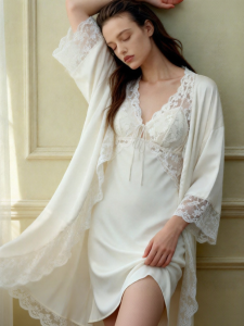 GAINREEL | Icy Silk Feeling Lightweight Lace French Style Womens Long Sleeve Bathrobe