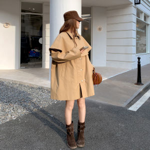 Khaki British Style Womens Coat A-Line Long Jacket Autumn New Arrival Small Size Medium Length Outerwear Commute Korean Style