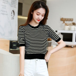 Black and White Stripes Short Sleeve T-Shirt Womens Summer Silm Shoulder Ice Silk Sweater Easiest for Match Small High Waist Crop Top