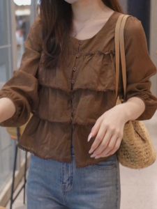 French Elegant Long Sleeve Shirt Womens Short Style Loose Slimming Top Korean Version Polyester Material round Neck Button Closure