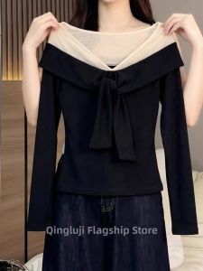 Loowmane | Oversized Black Sash V-Neck Long Sleeve Tunic Slim Fit False Two-Piece Blouse