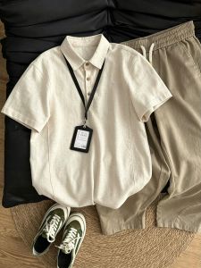 OUMULONG | Áo Polo Tay Ngắn Chất Liệu Vải Linen Mỏng Màu Ngà