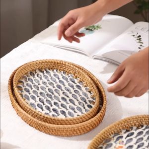 ถาดบริการหวายตกแต่ง ถาดหวายกลม ถาดสานอเนกประสงค์ ถาดผลไม้หวายธรรมชาติ ถาดผลไม้หวายรูปไข่ 3 ขนาด