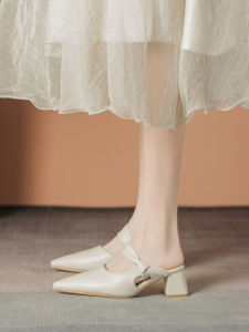 Zhuo Saint Womens Sandals Summer 2025 New Outdoor Wear Thick Medium Heel Match Skirts French Elegance Covered Head Half Slip High Heels