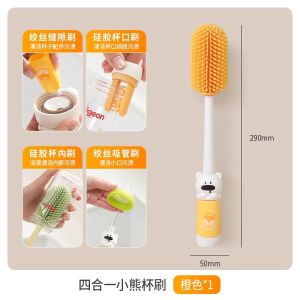 Chổi Silicon Dài Tay Cầm Đa Năng Dụng Cụ Vệ Sinh Đồ Uống Bằng Thép Không Gỉ Chổi Sữa Pha Chế Chổi Ống Hút Gia Đình