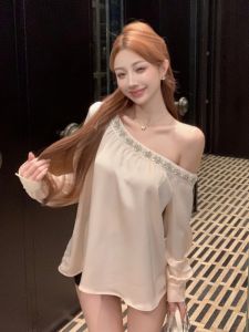 GUZILIAN | Heavy Embellished Shoulder Bridesmaid Long Sleeve Satin Shirt Womens Fashionable Shoulder Bared Elegant Lady Commuter Style