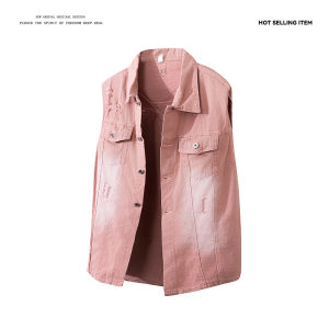 เสื้อกั๊กยีนส์แขนกุดสีชมพู ทรงหลวม สำหรับผู้ชาย ฤดูร้อน 2025 แฟชั่นลำลอง เสื้อคลุมกันหนาวแบบสวมหัว ทรงหลวม ปกโปโล