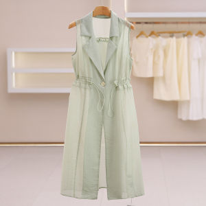 Lightweight Sleeveless Mid-length Womens Coat with Single Button Drawstring Waist Design