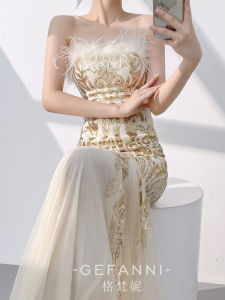 Elegant Golden Evening Gown Strapless Fish Tail Dress