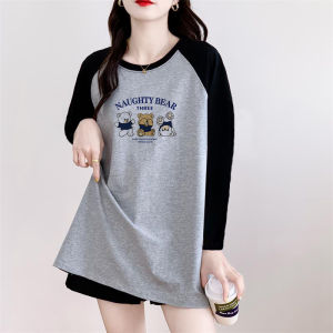 Cotton T-Shirt with Color Block Print for Women Long Sleeves Mid Waist Loose Fit Ideal for Autumn Season