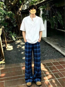 American Retro Blue Plaid Lightweight Drooping Leisure Loose Straight-leg Trousers