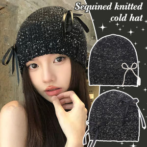Korean Version of Pearl Bow Sequined Knitted Pullover Hat Shiny Cold Cool Fashion Bag Head Beanie Hat Autumn Winter Fragrant Girl Glitter Knitted Cap