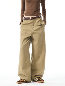 American Retro 3D Tailoring Wide Leg Work Pants Women Loose Straight Casual Trousers Comfortable Cotton Natural Waist Long