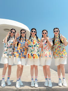 เสื้อเชิ้ตแขนสั้นลายดอกไม้สำหรับคู่พี่น้อง แฟชั่นฤดูร้อน 2025 สำหรับผู้หญิงวัย 18-24 ปี ผ้าโพลีเอสเตอร์ ปกติ ไม่มีฟีเจอร์พิเศษ