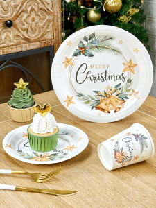 จานกระดาษคริสต์มาสซานตาคลอสเพิ่มความหนาใช้ครั้งเดียวบนโต๊ะอาหารกระดาษตกแต่งงานปาร์ตี้ถ้วยกระดาษจานของหวานคริสต์มาส