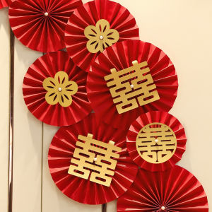 Wedding Decoration Wedding Room Decoration Paper Fan Mens and Womens Square Fan Flower Wedding Chinese Character Xi Living Room Decoration Wedding Chinese Character Xi