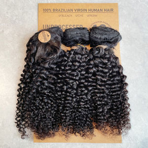 Kinky Curly Human Hair Bundles Short Brazilian Hair Weaves 3 Bundles With Closure Natural Black Curly Bundles With Closure