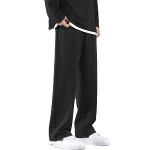 Mens Pure Cotton Casual Pants Black Loose Straight Leg Workwear Trousers Spring Autumn Seasonal Comfortable Drapey Long Trousers