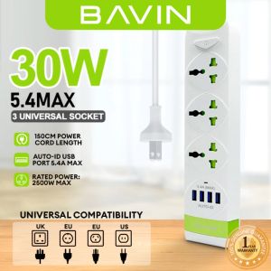 BAVIN PC589 30W Universal Power Extension HUB w/ 3 AC Sockets & 4 USB Charging Ports