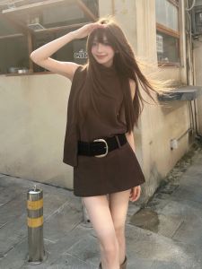 PEIZIXUAN | French Vintage Sleeveless Neck-hanging Waist Cinched Short Dress