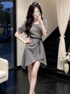 LIRENQING | Design Aesthetic Vintage Check Dress Summer New Small Waist Slimming A-line