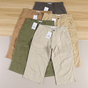 Mens Cotton Workwear Shorts Summer Casual Soft Breathable Seven-Foot Pants Straight Leg Pure Color Flat Pattern Youth Daily