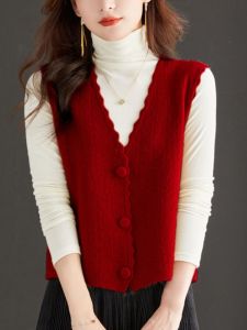 Red Knitted Sleeveless Vest Womens Fashion Commute Style Short Length V-Neck Outerwear Jacket Spring Autumn New Arrival