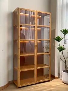 ทำโดยไม้ไผ่ธรรมชาติ 5/4/3/2 ชั้น ตู้โชว์กระจกใส ตู้ไม้เอนกประสงค์ กล่องใสกันฝุ่นกันรอย สไตล์การออก หน้าเปิดได้ เก็บได้เ