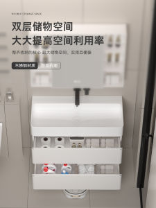 Stainless Steel Bathroom Cabinet Combination Ceramic One-Piece Basin No Faucet Hole Small Size Washing Dressing Table Sink