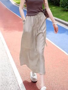 Acetate Satin High Waist A-Line Casual Skirt Womens Summer 2025 New Small Size Draped Straight Tube Skirt Korean Style