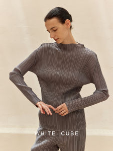 Whitecube Spring New Silk Satin Shine Pleated Half High Collar Long Sleeve T-Shirt Grey Womens Slim Fit Commute Style Pure Color