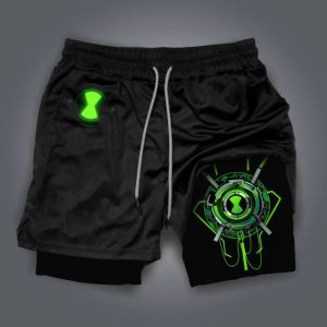 Ben 10 Mens Double Shorts Ben Tennyson American Animation Summer Fake Two-piece Sports Shorts 2-in-1 Quick-Drying Gym Pants