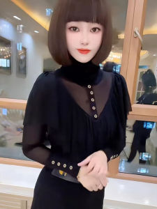 Elegant Long Sleeve Mesh Trimmed Button up Thin Top High Collar Base Layer Shirt Commute Style Classic Pattern Spring New Arrival